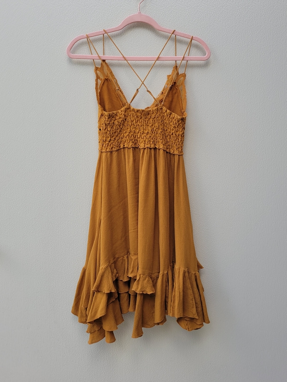 Free People Women S/O Mustard Crochet Trim Ruffle Slip Dress - Picture 2 of 8